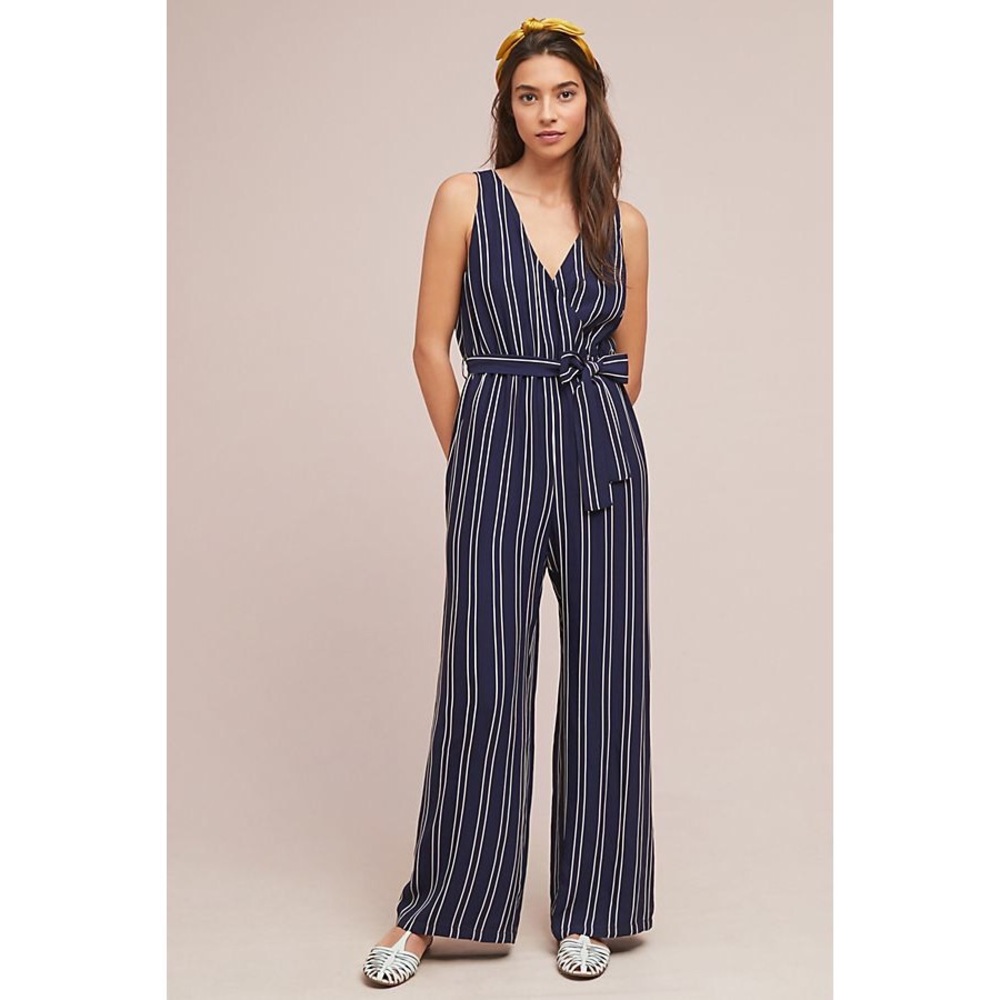Anthropologie Blue & White Striped Jumpsuit S P